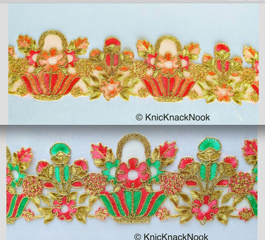 Flower Basket Cutwork Trim, Embroidered In Gold, Pink & Green